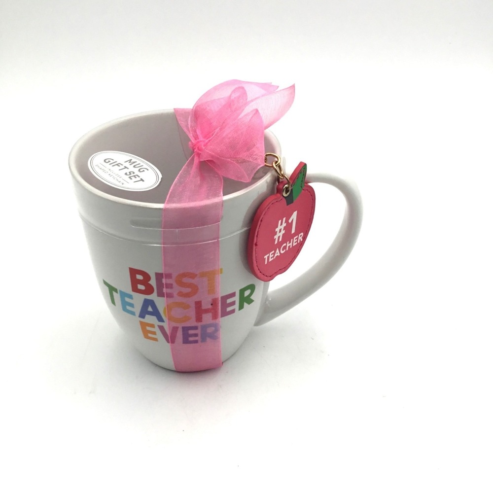 Best Teacher Ever Ceramic Mug Gift Set With Pink Ribbon & #1 Teacher Apple Keych